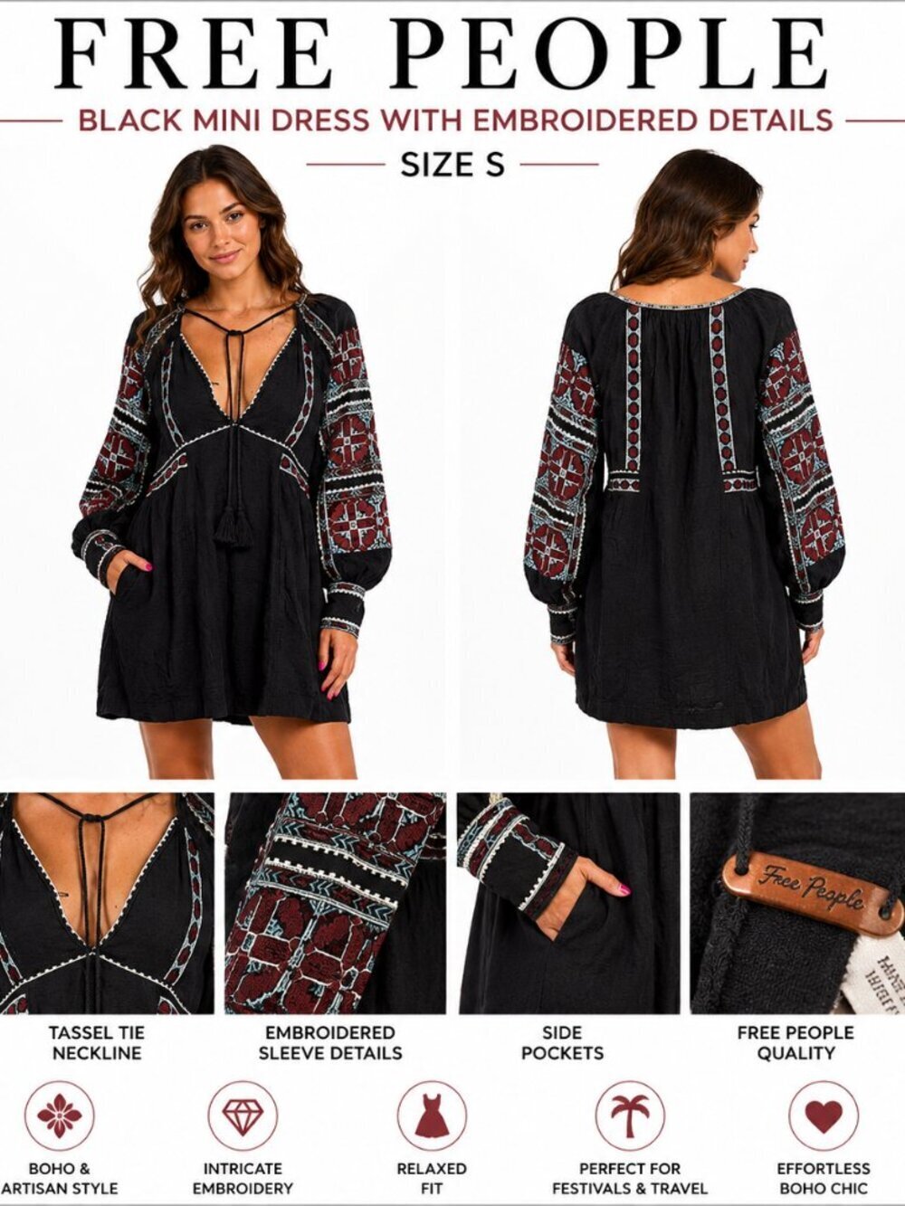 FREE PEOPLE EMBROIDERED BOHO MINI DRESS S
